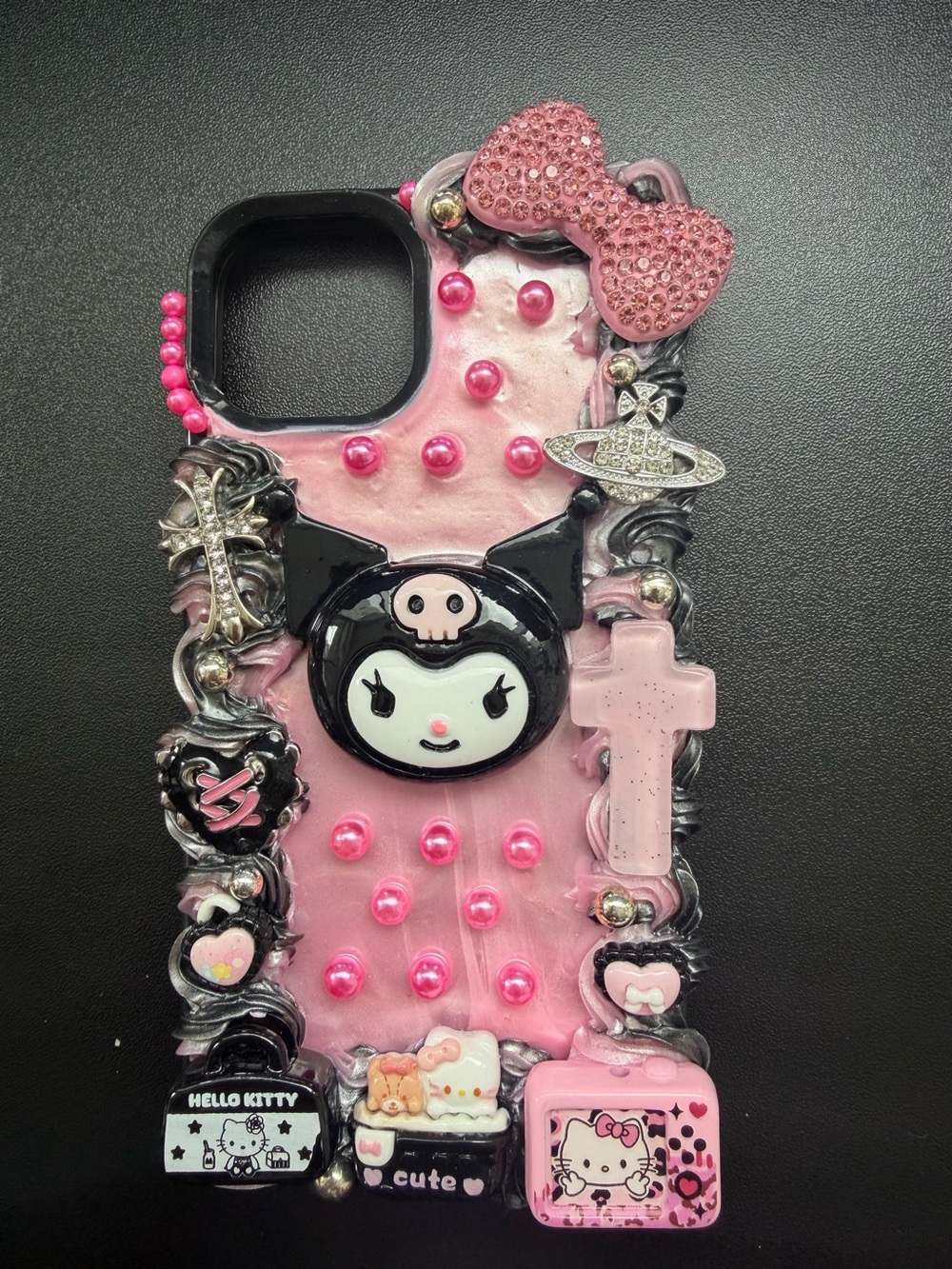 EUC iPhone 13/14 Decoden Case Sanrio Kawaii Cute Kuromi Hello Kitty Goth Pink
